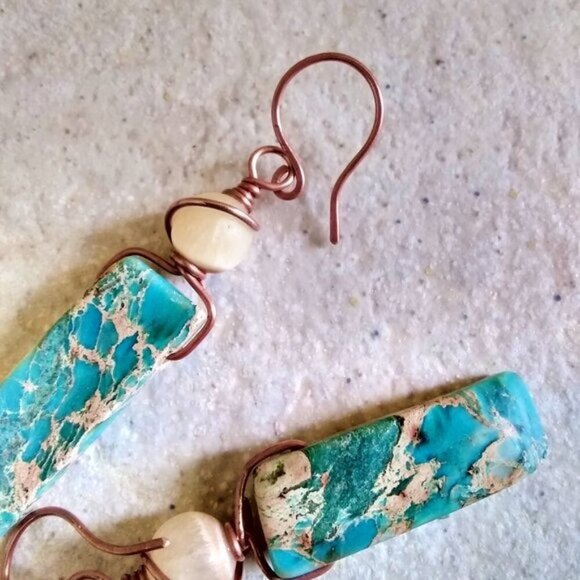 BOHO-LISCIOUS! Turquoise Sea Sediment Jasper Bar + Rough Citrine Dangle Earrings - Picture 4 of 7
